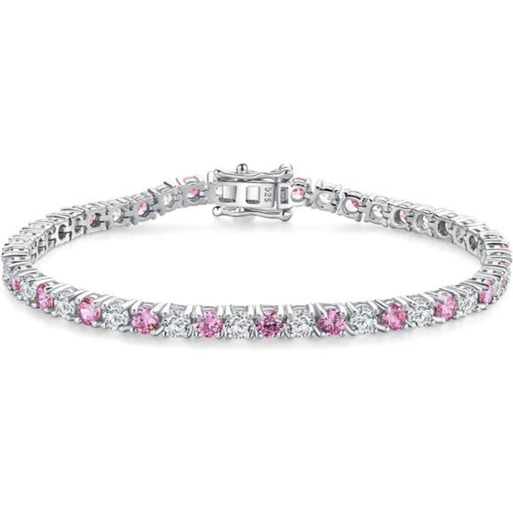 Pink Sapphire Tennis Bracelet | Sterling Silver | Birthstone Bracelet | 7.25"